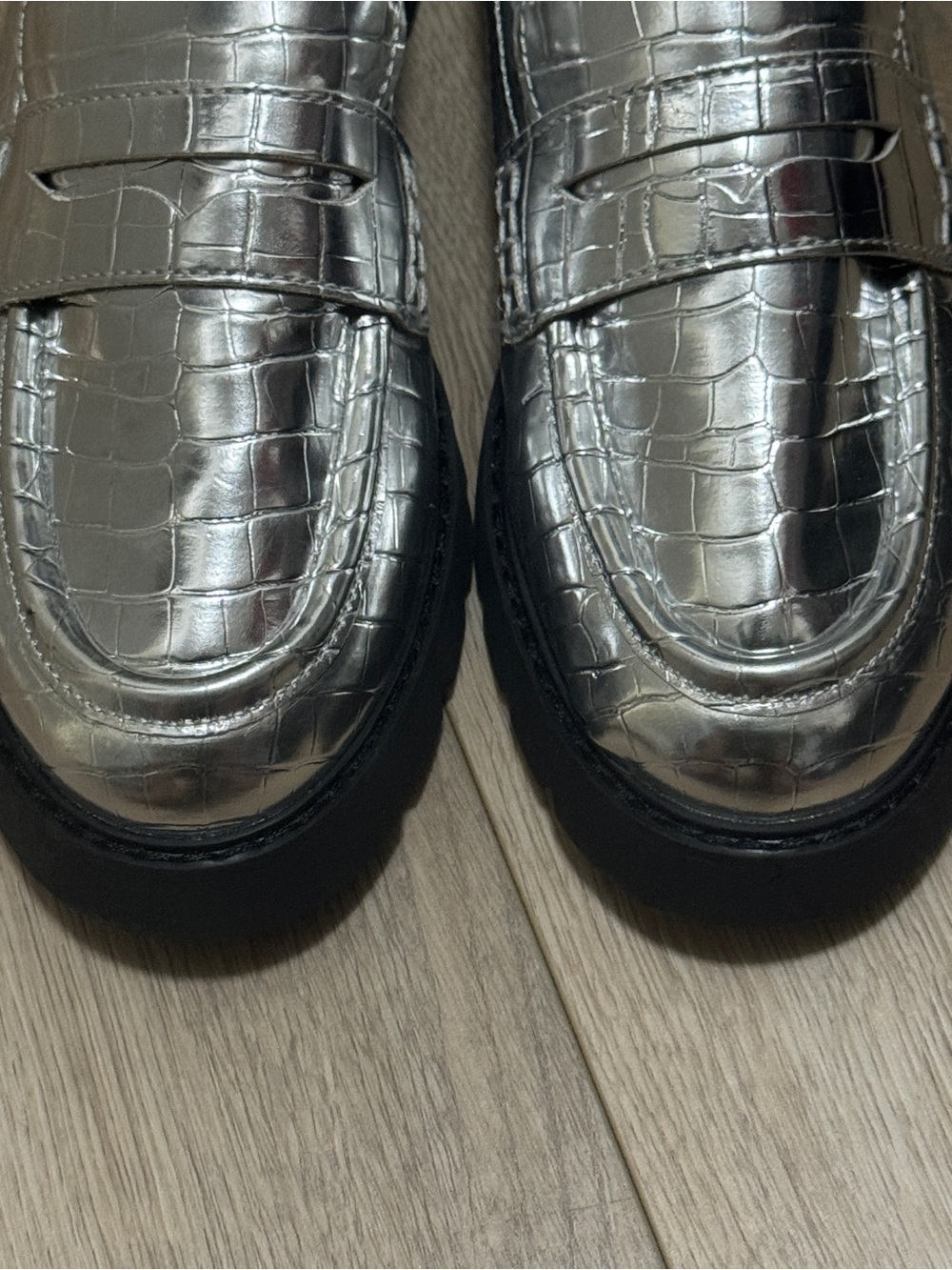 J. Crew Winona Lugsole Penny Loafers Metallic Silver Croc-Embossed Faux Leather - Picture 5 of 8